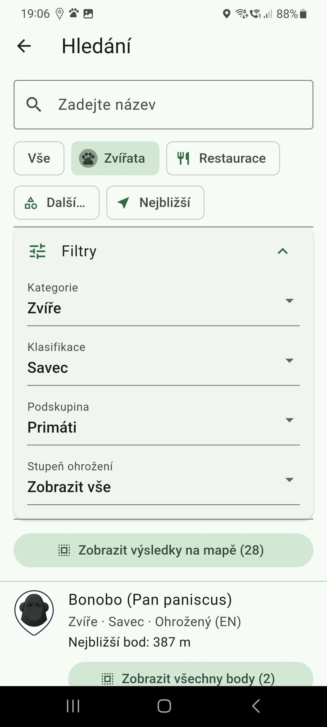 Hledání zvířat a filtry