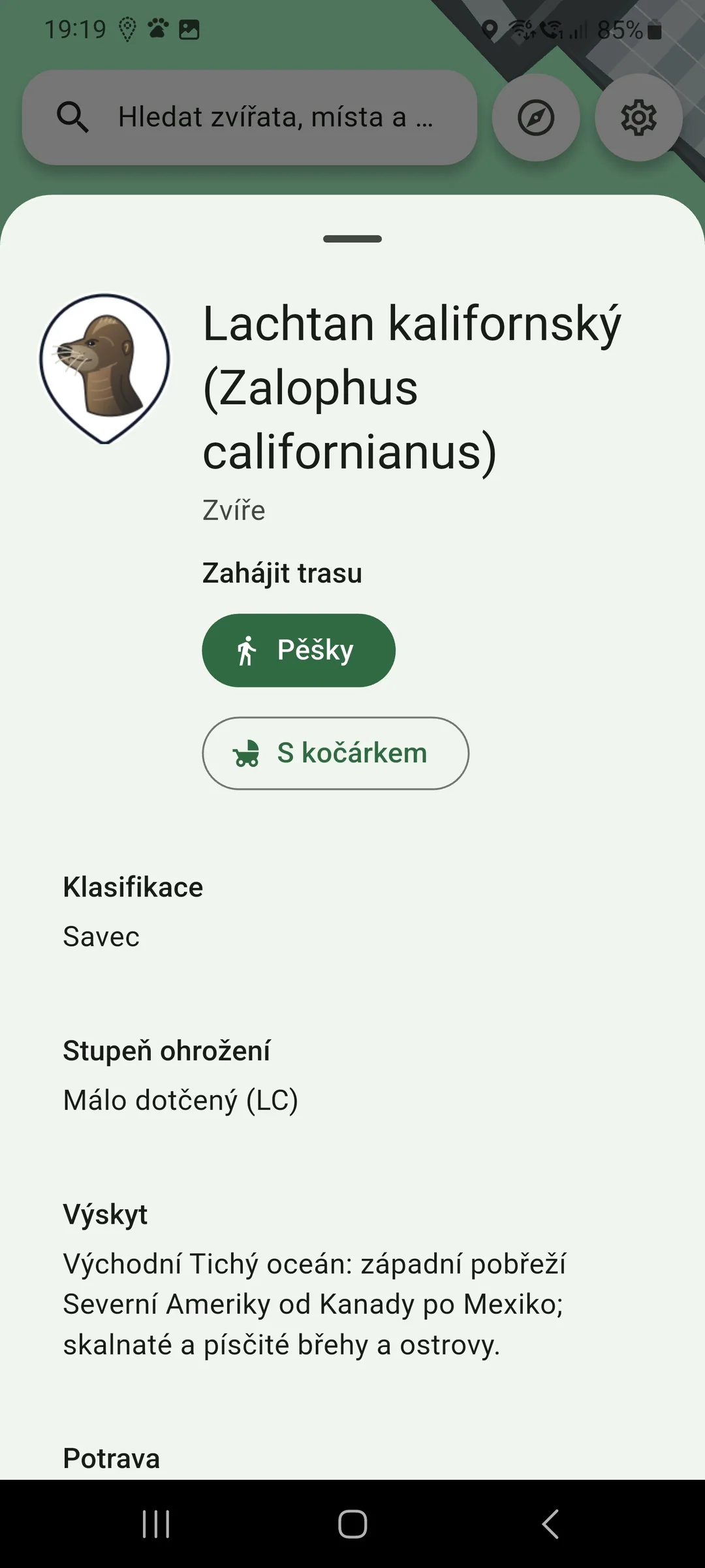 Podrobnosti o zvířeti a trasa